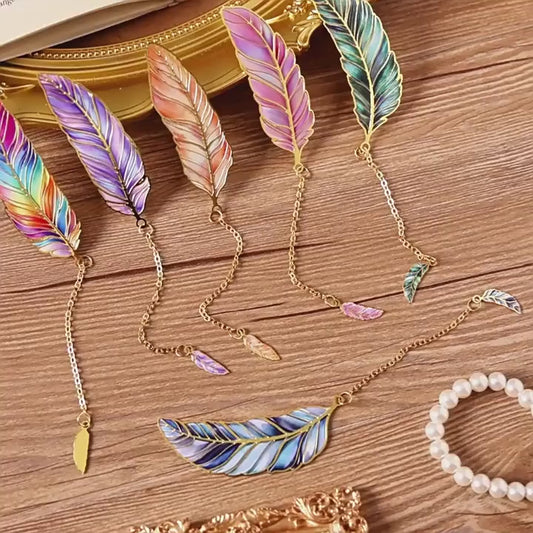 Feather Gold Metal Bookmark with Chain Pendant